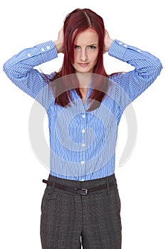 Redhead woman cover her ears, silence please