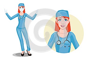 Redhead woman doctor in mask. Facial expression of a beautiful young female nurse. Emotion-amaze.