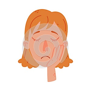 Redhead Woman Face with Sad Emotion and Head Upon Her Hand Vector Illustration