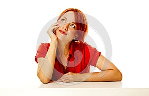 Redhead woman over white