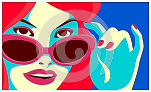 Redhead woman peeking over sunglasses fashion minimal flat design vector illustration