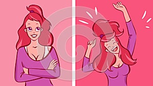 Redhead woman with ponytail feels calm and then very happy, vector illustrations