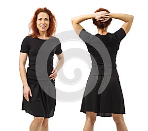 Redhead woman posing with blank black shirt