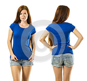 Redhead woman posing with blank blue shirt