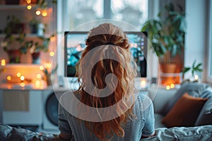 Redhead woman using computer in relaxed home setting