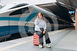 Redhead woman waiting train and using smart phone. Railroad transport concept, Traveler. 30s Middle age woman sitting on