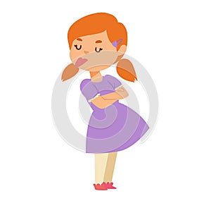 Redheaded girl with pigtails in a purple dress pouting. Young child showing displeasure, arms crossed. Cute toddler