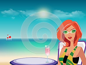 Redheaded girl in sunglasses with cocktail on summer beach