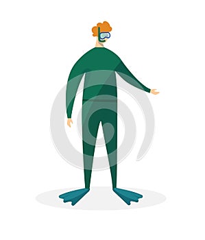 Redheaded Man Scuba Diver in Green Swimming Suit.