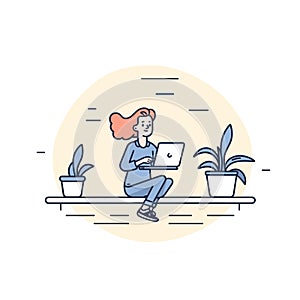 Redheaded woman working laptop, casual home environment, indoor plants, cheerful freelancer. Young