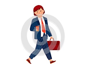 Redheaded young businesswoman walking with coffee and briefcase. Confident female professional in stylish outfit heading