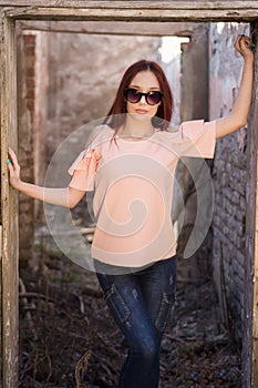 Stunning Redheaded Woman Poses in Old Retro Ruin House