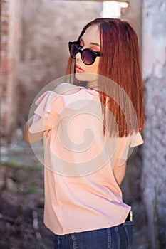 Seductive Redhead Woman Posing in Retro Ruin House