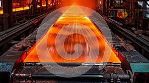 Redhot sheets of steel moving through rollers being flattened and shaped according to specific designs