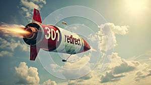 301 Redirect sign on a flying rocket in the sky. SEO term for the status response code of permanently moved page photo