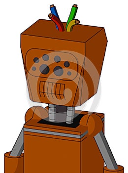 Redish-Orange Mech With Box Head And Toothy Mouth And Bug Eyes And Wire Hair photo