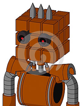 Redish-Orange Mech With Cube Head And Black Glowing Red Eyes And Three Spiked