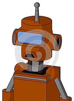 Redish-Orange Mech With Cylinder Head And Sad Mouth And Large Blue Visor Eye And Single Antenna photo