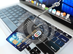 ?redit card phishing concept. Hook with credit card and laptop c