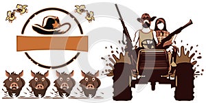 Redneck hunters coming animals run away logo diagram vector graphics illustration