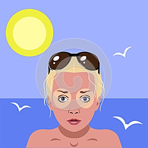 Redness on woman facial and neck skin.Vector Illustration about danger of Ultraviolet. on sea background