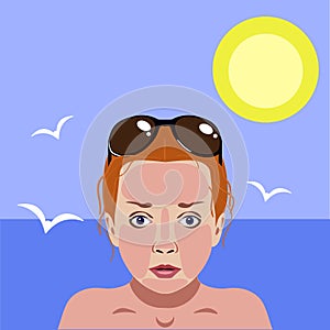 Redness on woman facial Vector Illustration about danger of Ultraviolet. on sea background