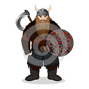 Redoubtable viking with ax and shield on white. Viking warrior male with a bear skin on his shoulder. Vector