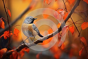 redstart bird flitting among fall-colored leaves photo