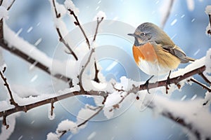 redstart bird fluffing its feathers while perched on a snowy branch