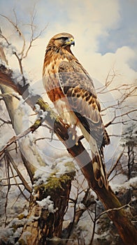Redtailed Hawk Perched On Tree Branch: A Stunning Snow Scene Oil Painting