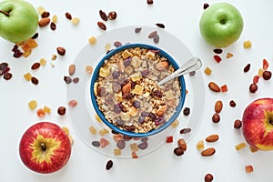 Reduce callories. Top view of muesli bowl with fresh fruits.