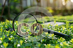 Reduce co2 emissions magnifying glass on green background for environmental sustainability