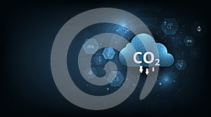 Reduce CO2 emissions to limit global warming on dark blue background.