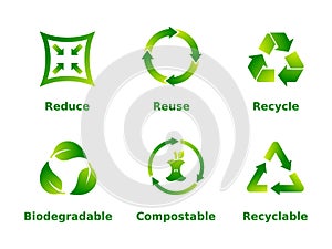 Reduce, reuse, recycle, biodegradable, compostable, recyclable, icon set. Six recycle green gradient signs on white background. photo