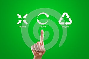 Reduce reuse recycle concept. Hand point finger recycle icon. Reduce, means to minimise amount of waste. Reuse, refers to using