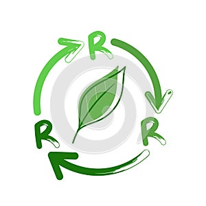 Reduce Reuse Recycle green vector logo on a white background. Three Rs and leaf in flat icon design.