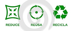 Reduce Reuse Recycle Icon set isolated. Spanish language message