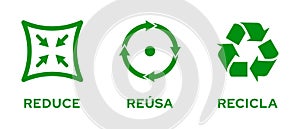 Reduce Reuse Recycle Icon set isolated. Spanish language message photo