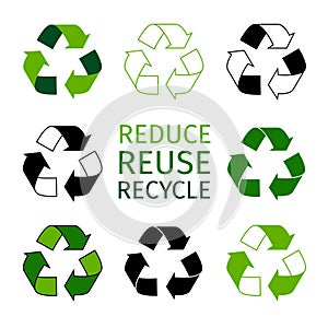 Reduce reuse recycle logotype set. Green arrows recycle eco symbols