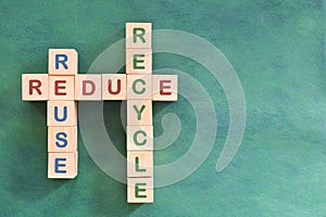 Reduce reuse recycle problem solving, solution and strategy concept. Crossword flat lay composition