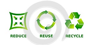 Reduce, reuse, recycle sign set. Three different green gradient recycle, reduce, reuse icons.