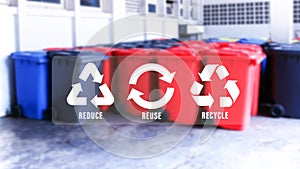 Reduce, reuse, recycle symbol on Garbage bins industry background, ecological metaphor for ecological waste management and
