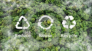 Reduce, reuse, recycle symbol in the middle of a beautiful untouched jungle. Ecological concept. An ecological metaphor for
