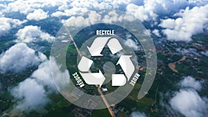 Reduce, reuse, recycle symbol on nature city background, top view, Ecological concept. Ecology. Recycle and Zero waste symbol in