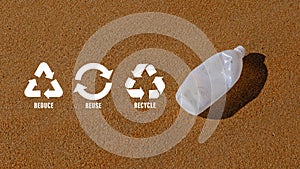 Reduce, reuse, recycle symbol on Plastic water bottles are left on the beach as waste polluting nature, ecological metaphor for