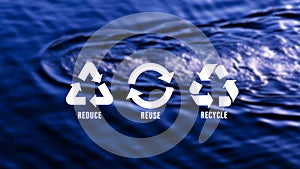Reduce, reuse, recycle symbol on water nature background, Ecological concept. Ecology. Recycle and Zero waste symbol in the