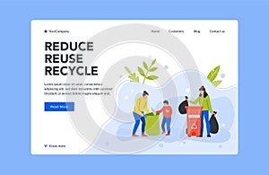 Reduce reuse and recycle trash landing page. Protecting environment from pollution. People collecting litter