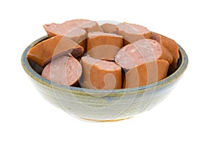 Reduced calorie kielbasa sausage slices in a bowl