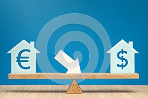 Reducing the cost of housing. House models with dollar and euro symbols stand in balance on a scale. Banner on the theme