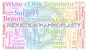 Reduction Mammoplasty typography word cloud create with the text only. Type of plastic surgery